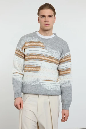 Trendyol Grey Unisex Crew Neck Landscape Knitted Sweater