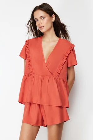 Trendyol Cinnamon Ruffle Detail Viscose Woven Pajamas Set