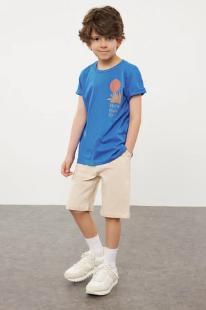 Trendyol Saks Boy's Back Printed Short Sleeve T shirt Shorts Set Cotton Knitted Bottom-Top Set