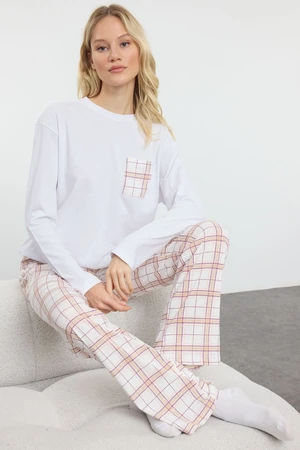 Trendyol White-Multicolor Cotton Plaid Pocket Detailed Knitted Pajamas Set