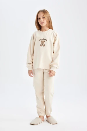 DEFACTO Girls Bear Printed Long Sleeve Top Long Bottom Pajama Set