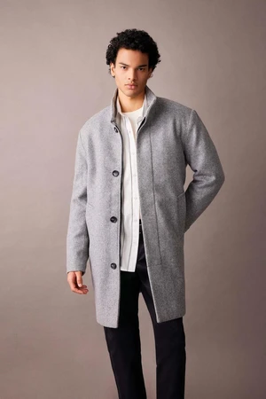 DEFACTO Men's Gray Regular Fit Stand Collar Buttoned Pocket Cashmere Coat Parka