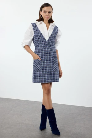 Trendyol Blue Plaid / Checkered Mini Woven Tweed Vest Dress