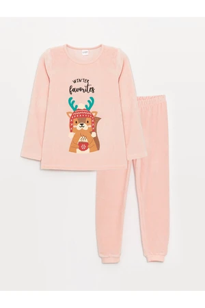 LC Waikiki Crew Neck Christmas Themed Long Sleeve Velvet Girls Kids Pajamas Set