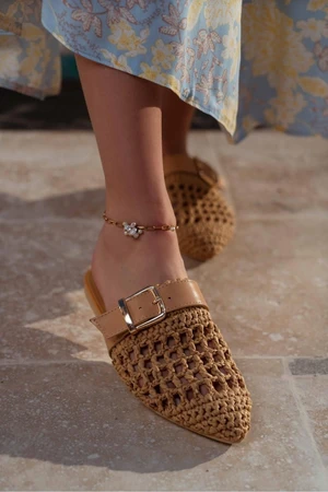 NİŞANTAŞI SHOES Best Taba Knitted Belt Detail Flat Sole Women's Slippers