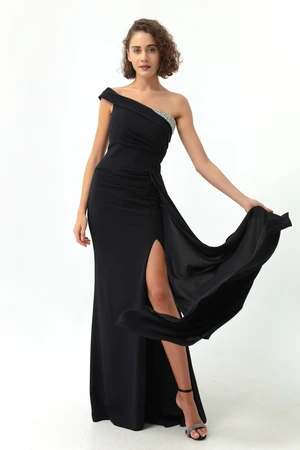 Lafaba Women's Black One-Shoulder Long Evening Dress with Stones.