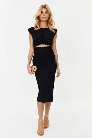 Trendyol Black Lined Knitted Dress with Stone Accessories