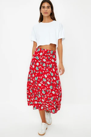 Trendyol Red Floral Pattern Viscose Fabric Midi Woven Skirt