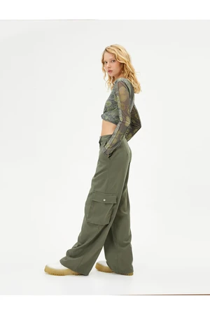 Koton Straight Wide Leg Cargo Trousers Normal Waist Large Pocket Detailed