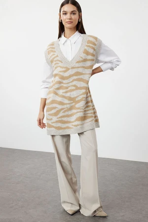 Trendyol Beige Soft Textured Zebra Pattern Knitwear Sweater