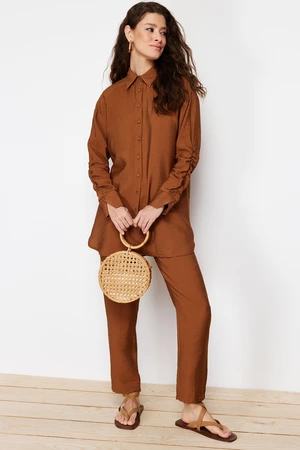 Trendyol Brown Sleeve Gathered Aerobin Shirt Trousers Woven Bottom Top Set