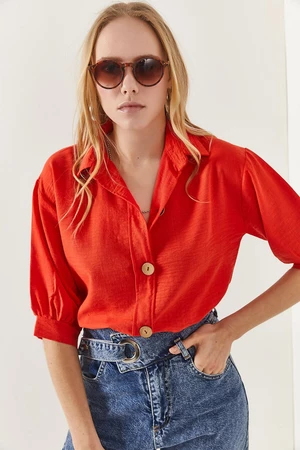 Olalook Women's Orange Wooden Button Three Quarter Sleeve Linen Shirt