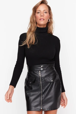 Trendyol Black Belt Zipper Detail Faux Leather Mini Woven Skirt