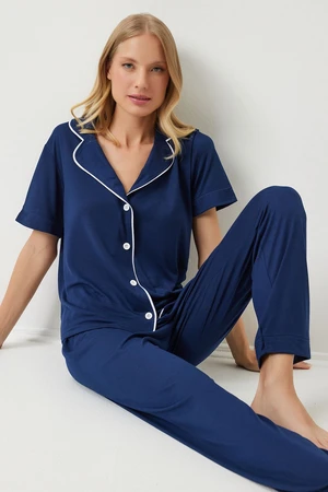 Happiness İstanbul Women's Navy Blue Piping Detailed Shirt Trousers Pajama Set