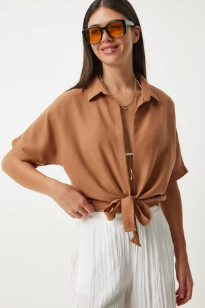 Happiness İstanbul Women's Camel Tie Detailed Linen Blouse