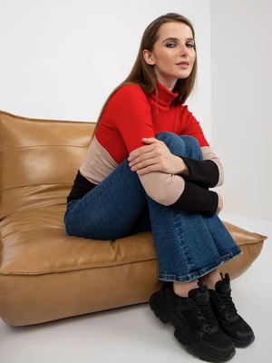 Red and black ribbed turtleneck blouse