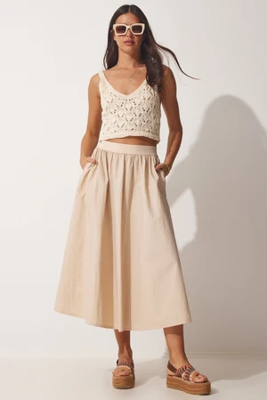 Happiness İstanbul Women's Cream Balloon Parachute Midi Skirt