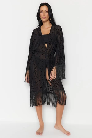 Trendyol Black Belted Maxi Knitted Fringe Kimono & Caftan