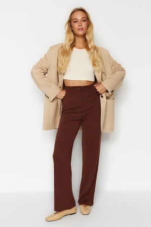 Trendyol Brown Ribbed High Waist Straight Fit Knitted Pants