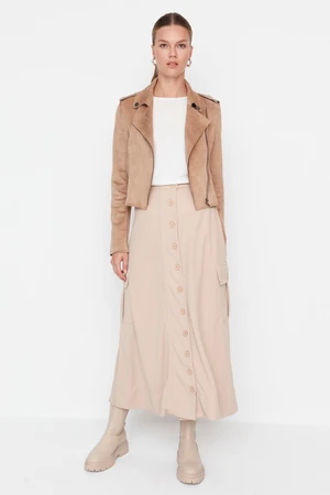 Trendyol Beige High Waist Buttoned Scuba Knit Skirt