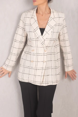 armonika Women's White Double Breasted Collar 6 Buttons Padded Oversize Tweed Jacket