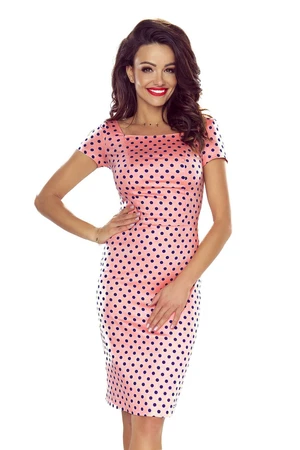 Elegant short-sleeved Bergamo cotton dress - pink with dark blue polka dots