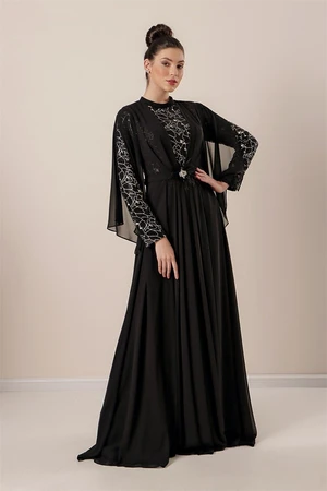 By Saygı Sequined Gilded Waist Stone and Feather Detailed Lined Chiffon Hijab Dress Black