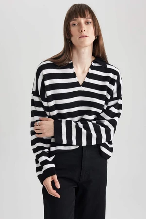 DEFACTO Regular Fit Polo Collar Striped Pullover