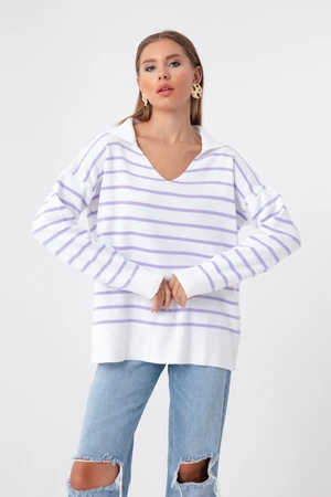 Lafaba Women's Lilac Shirt Collar Striped Knitwear Sweater