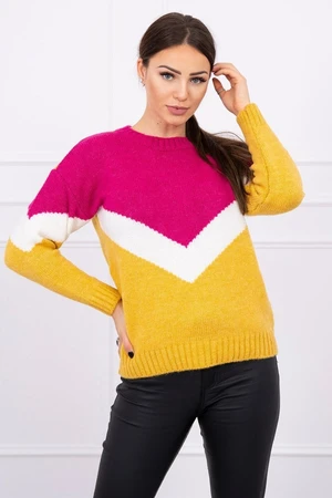 Sweater with geometric fuchsia+mustard patterns