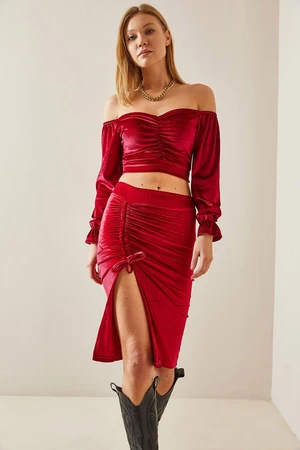 XHAN Burgundy Gathered Detail Slit Velvet Midi Skirt