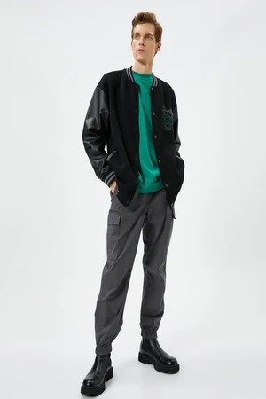 Koton College Jacket Bomber Collar Leather Look Embroidered Pockets and Snap Buttons