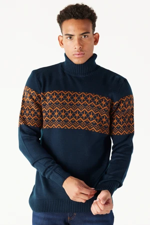 AC&Co / Altınyıldız Classics Men's Navy Blue-brick Standard Fit Regular Cut Turtleneck Zigzag Patterned Knitwear Sweater