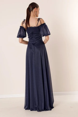 By Saygı Navy Blue Collar Pleated Balloon Sleeves Lined Glittery Long Dress