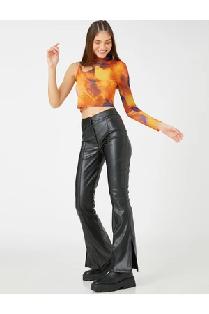 Koton Leather-Look Trousers Spanish Leg Ribbed High Waist.