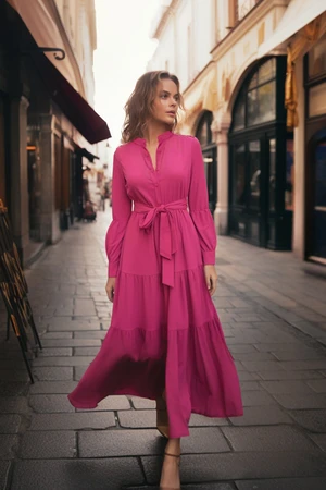 Trendyol Dark Pink Woven Dress with a Belt and Grand Collar Button Detail