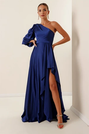 By Saygı One Sleeved Crepe Satin Long Dress with Ruffle Front and Lined Saks