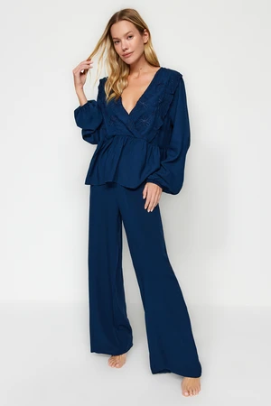 Trendyol Navy Blue Embroidery Detailed Viscose Woven Pajamas Set