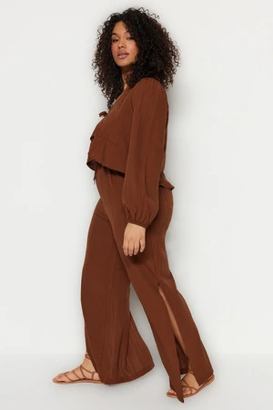 Trendyol Curve Brown Slit Detail Plus Size Beach Trousers