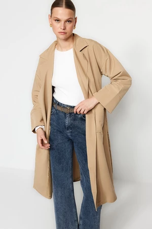 Trendyol Beige Oversize Wide Cut Trench Coat with a Belt, Detailed Sleeves and Pockets, Water-repellent Long Trench Coat