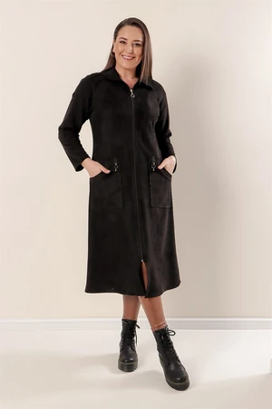 By Saygı Plus Size Suede Coat Black with Stripes on the Shoulders, Zippered Front with Pockets.