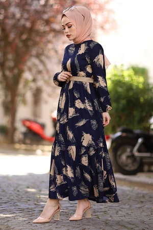 InStyle Brush Patterned Hijab Dress with a Belt - Navy Blue