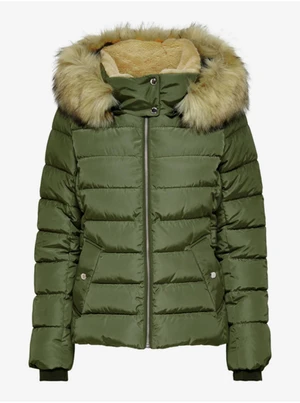 Khaki ladies quilted jacket with artificial fur ONLY New Camilla - Women