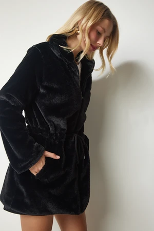 Happiness İstanbul Women's Black Zippered Oversized Sheepskin Plush Coat