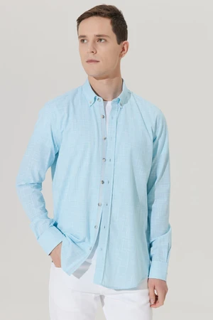 ALTINYILDIZ CLASSICS Men's Turquoise Slim Fit Slim Fit Buttoned Collar Linen-Looking 100% Cotton Flared Shirt.