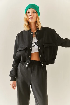 XHAN Black Snap Buttons Crop Bomber Jacket