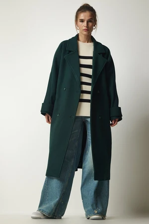 Happiness İstanbul Women's Emerald Green Double Breasted Neck Belted Oversize Cachet Coat