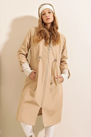 Bigdart 9091 Gathered Waist Hooded Trench Coat - Beige