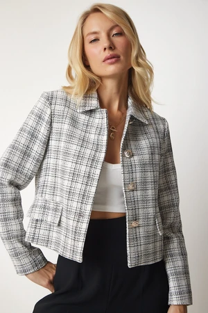 Happiness İstanbul Women's White Buttoned Tweed Jacket