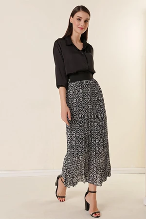 By Saygı Star Patterned Triple Pleated Chiffon Skirt Black